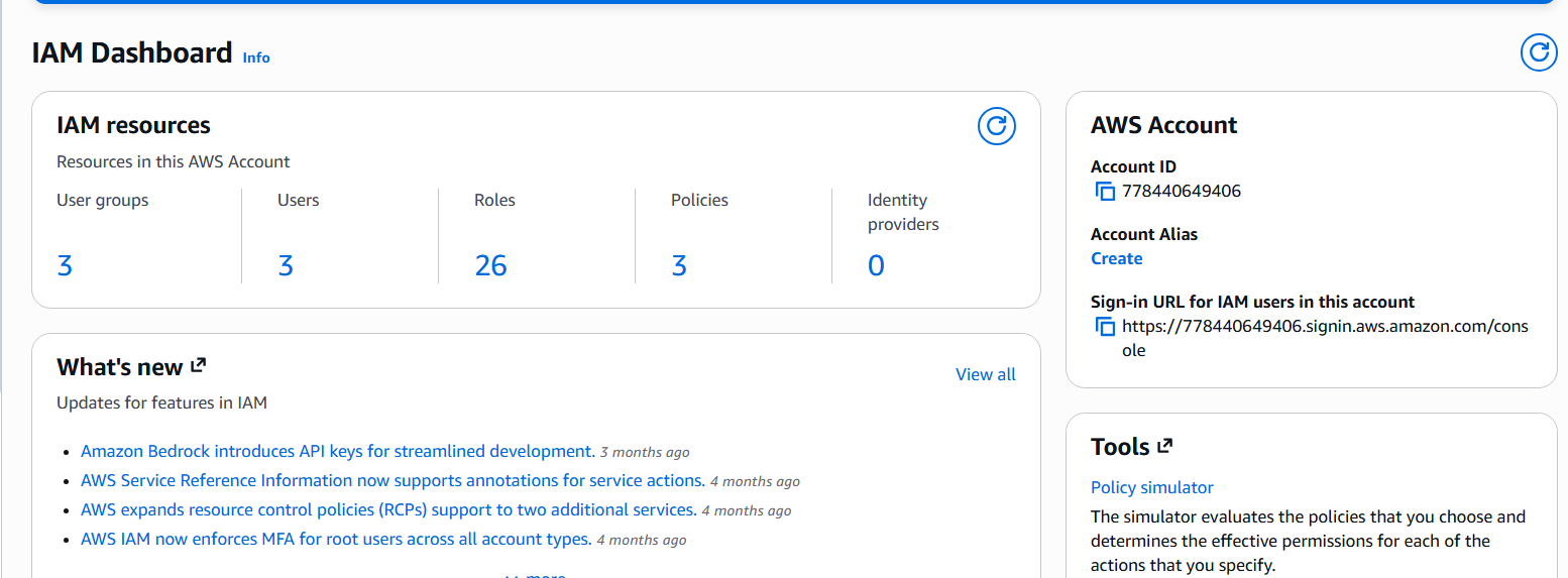 IAM Dashboard showing sign-in URL for IAM users