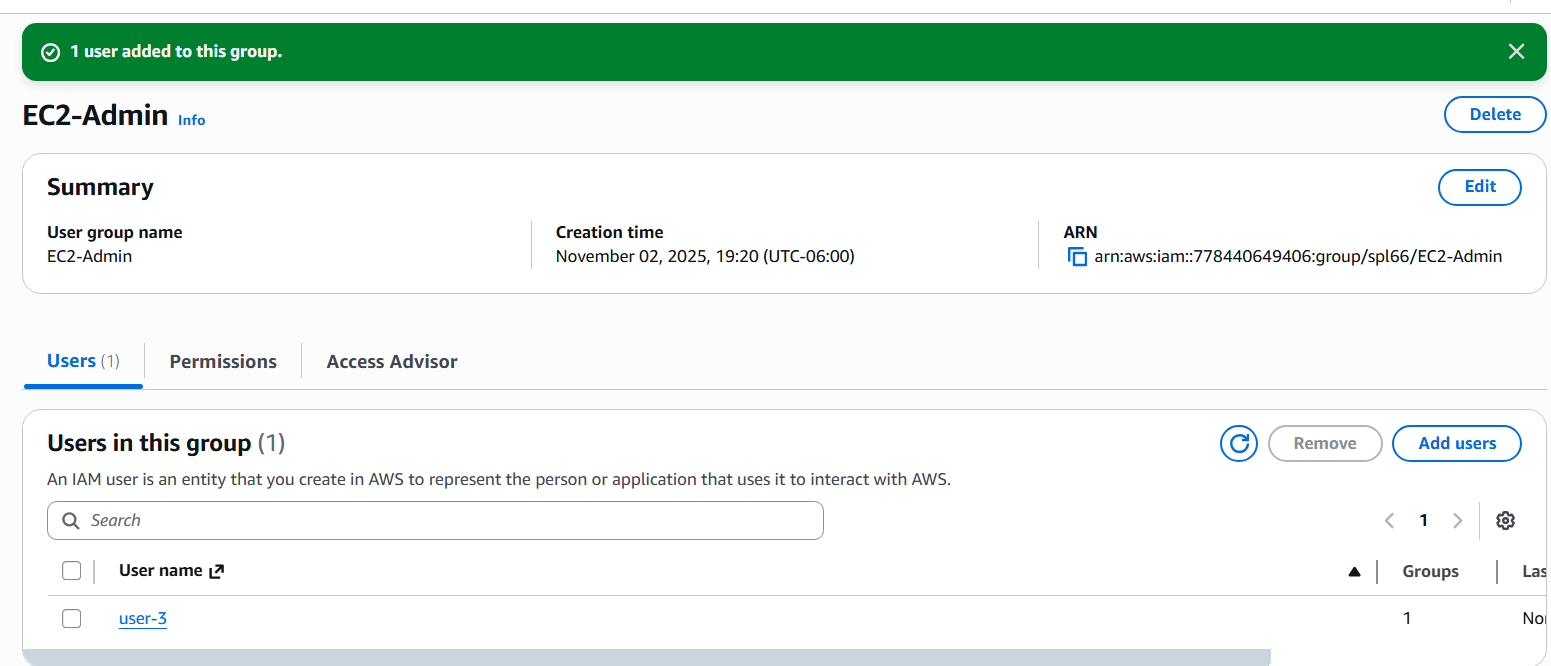user-3 added to the EC2-Admin Group