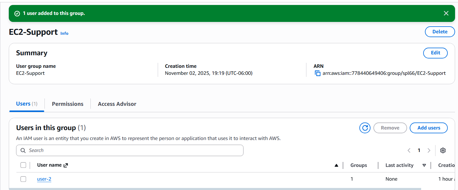 user-2 added to the EC2-Support Group