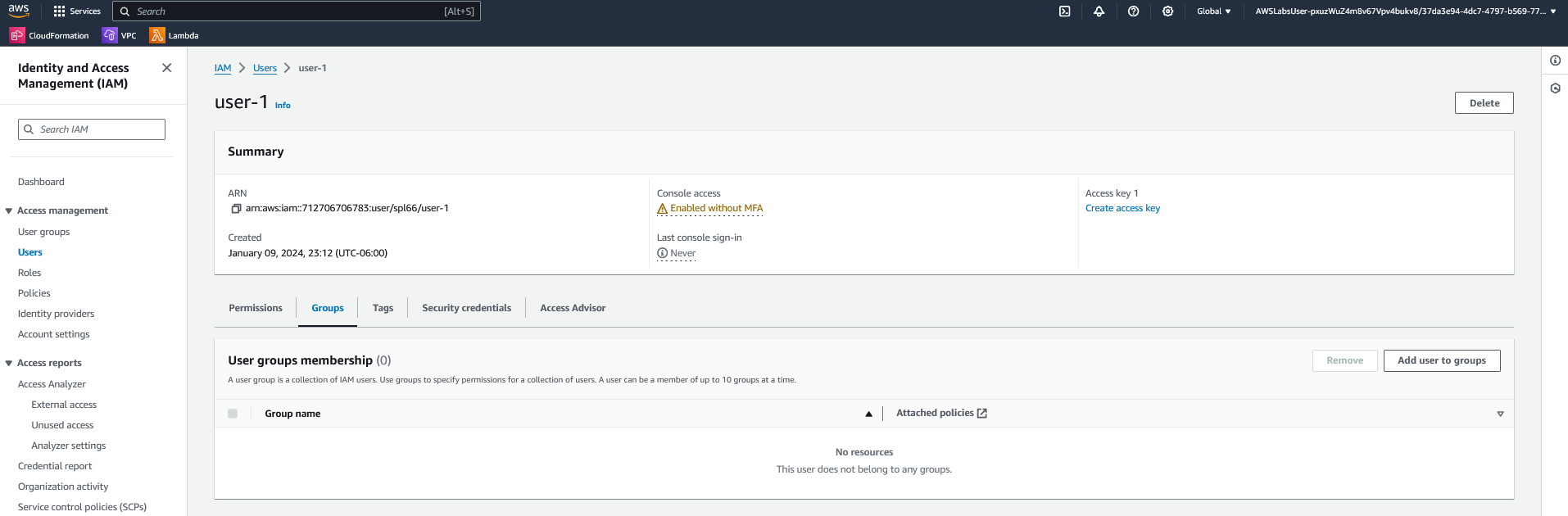 IAM user-1 groups tab