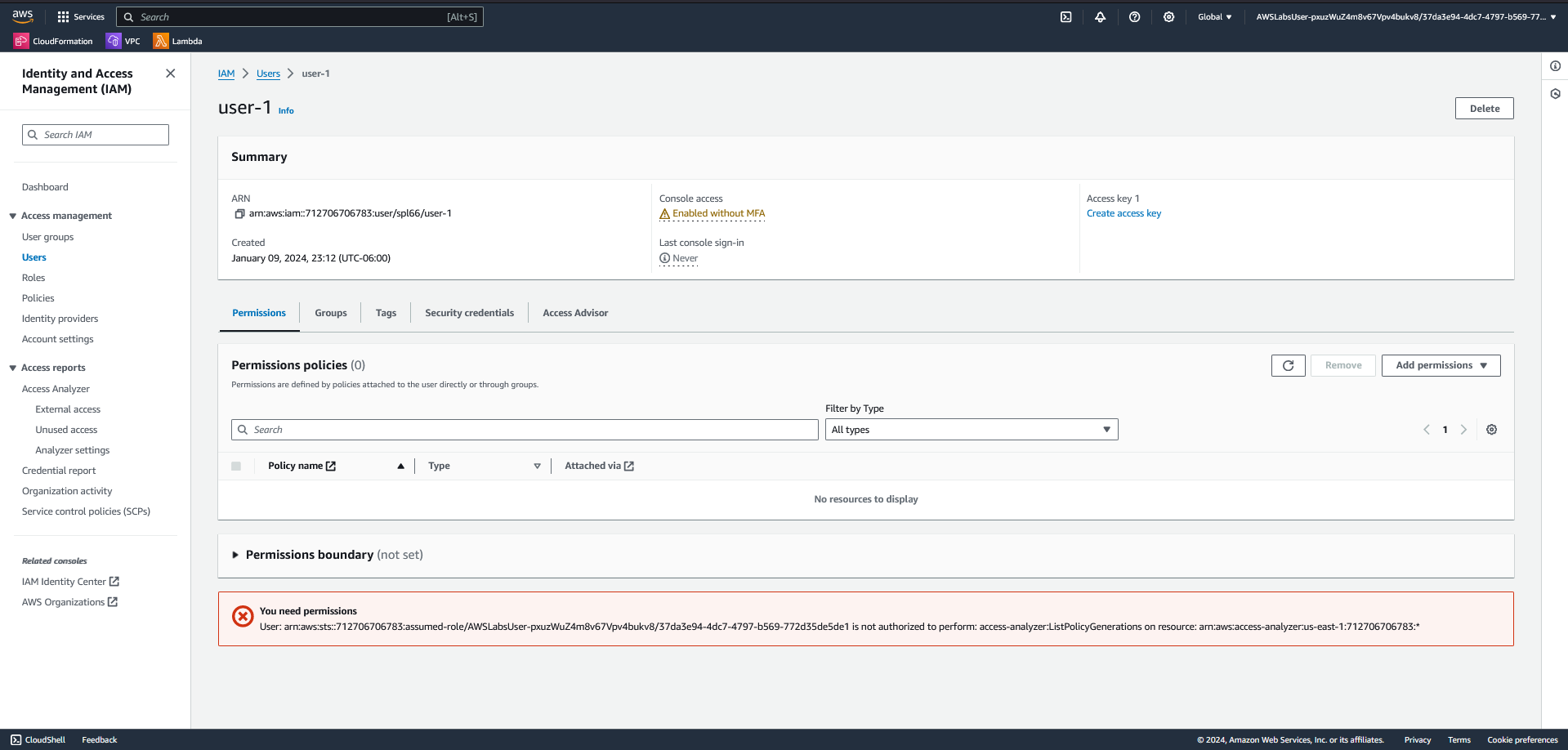 IAM user-1 permissions tab