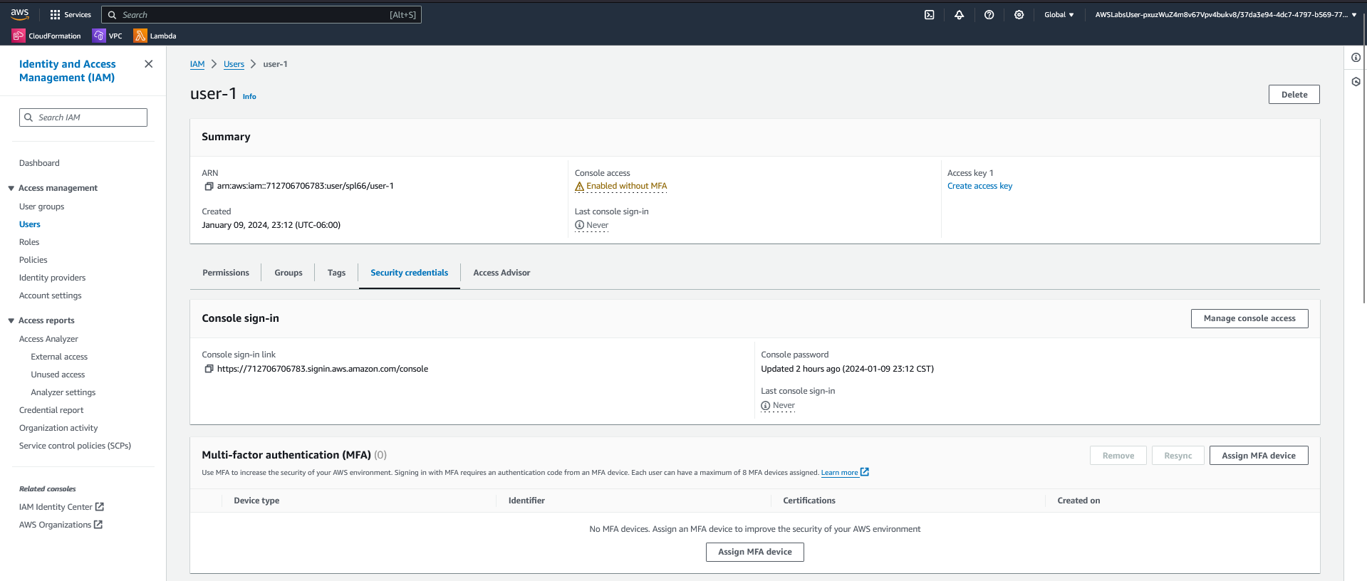 IAM user-1 security credentials tab