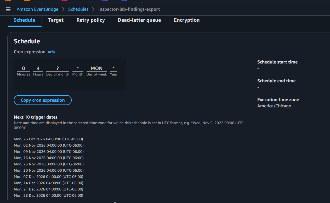 EventBridge schedule detail showing the cron fields and the next trigger dates