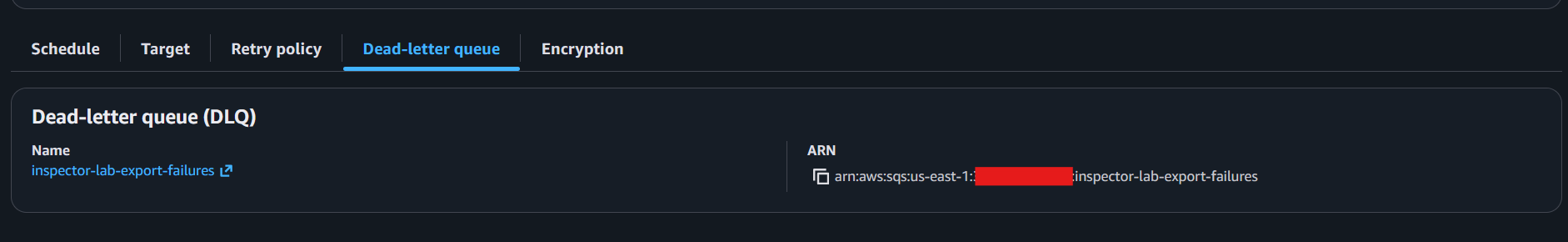 EventBridge schedule dead-letter queue tab showing the SQS queue that catches failed runs