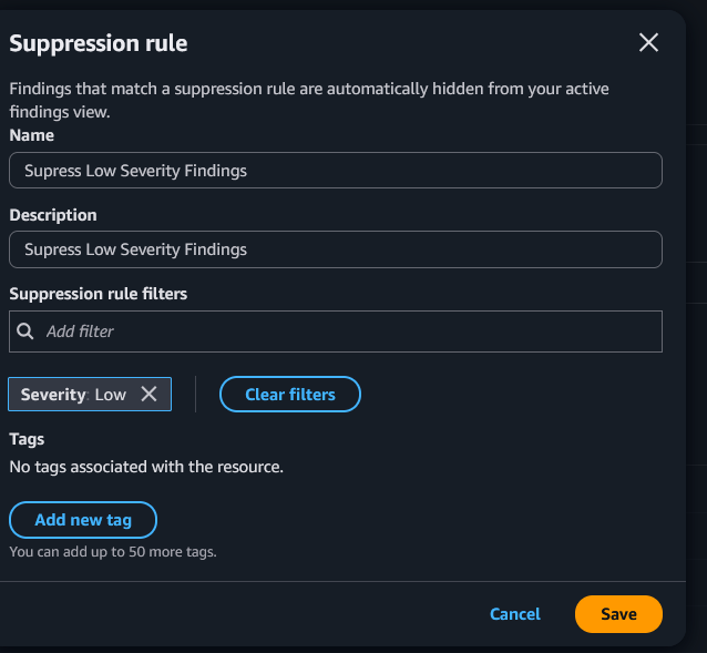 Inspector suppression rule dialog with the severity filter set to Low